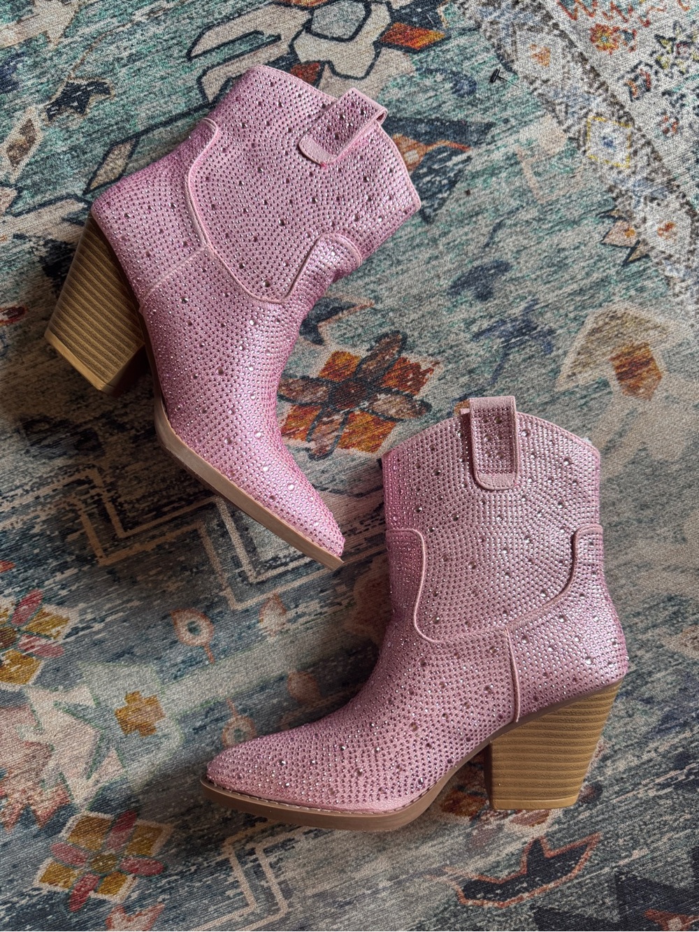 Sparkle Western Block Heel Ankle Boots in Pink